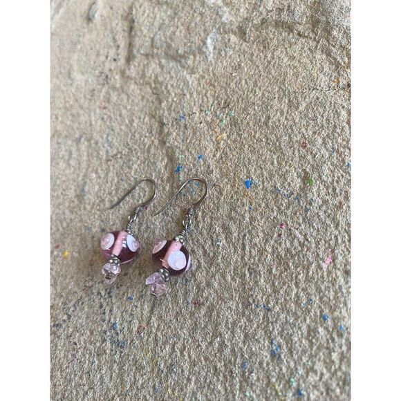 Dangle Earrings Glass Circular Purple Pink Lavender - Picture 3 of 4